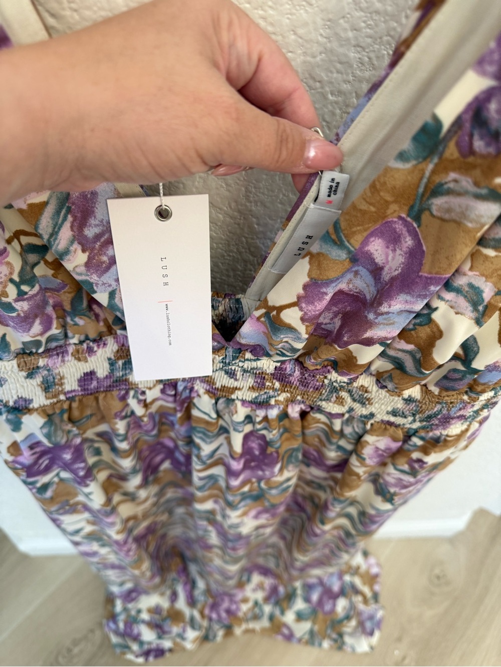 Lush Floral V-Neck Maxi Dress in Purple, Tan & Cream - Picture 2 of 3